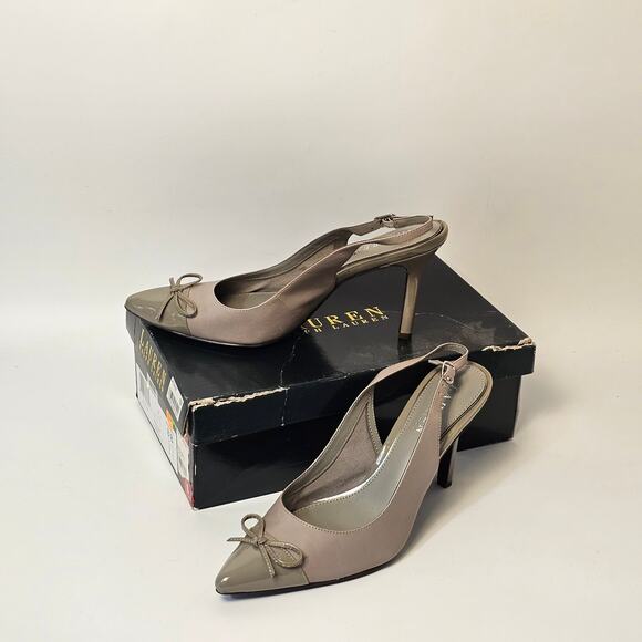 Lauren Ralph Lauren Leather Gray Bow Tiptoe Sling back Heel Sandals Size 8.B - Picture 1 of 7